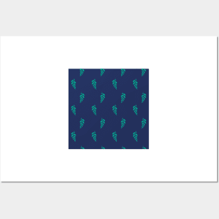 Leaf string repeat pattern, turquoise leaves in blue background Posters and Art